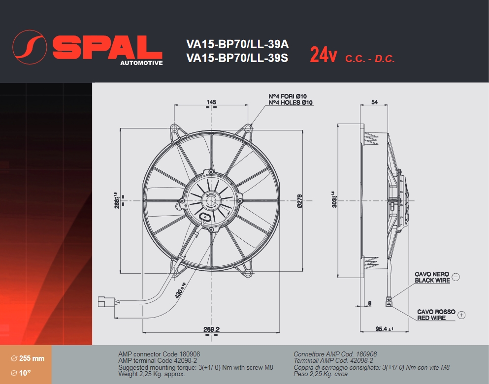 Spal Kühlerventilator VA15-BP70/LL-39S 24V  D286-D255 T=95 / 1860m³ blasend