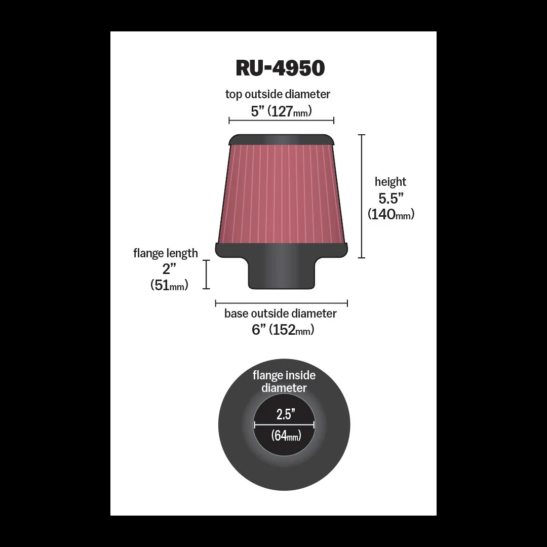 K&N Universalluftfilter, 63mm Flansch  Konische Rundform, 152x127 140lg