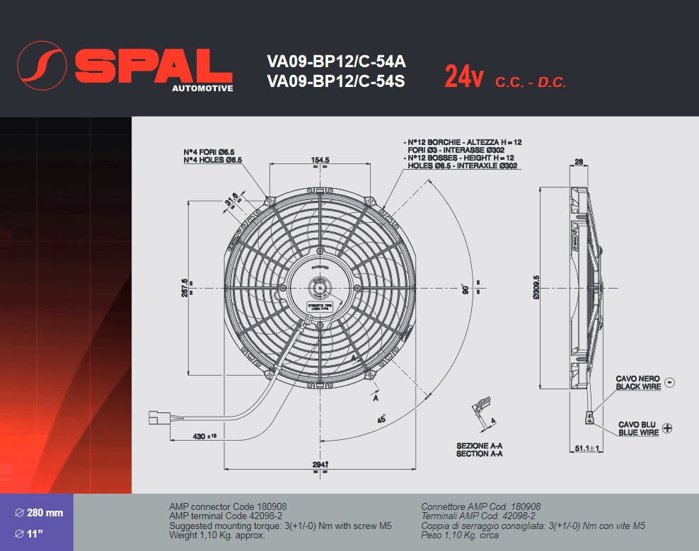 Spal Kühlerventilator VA09-BP12/C-54A 24V  D310-D280 T=52 / 1600m³ saugend