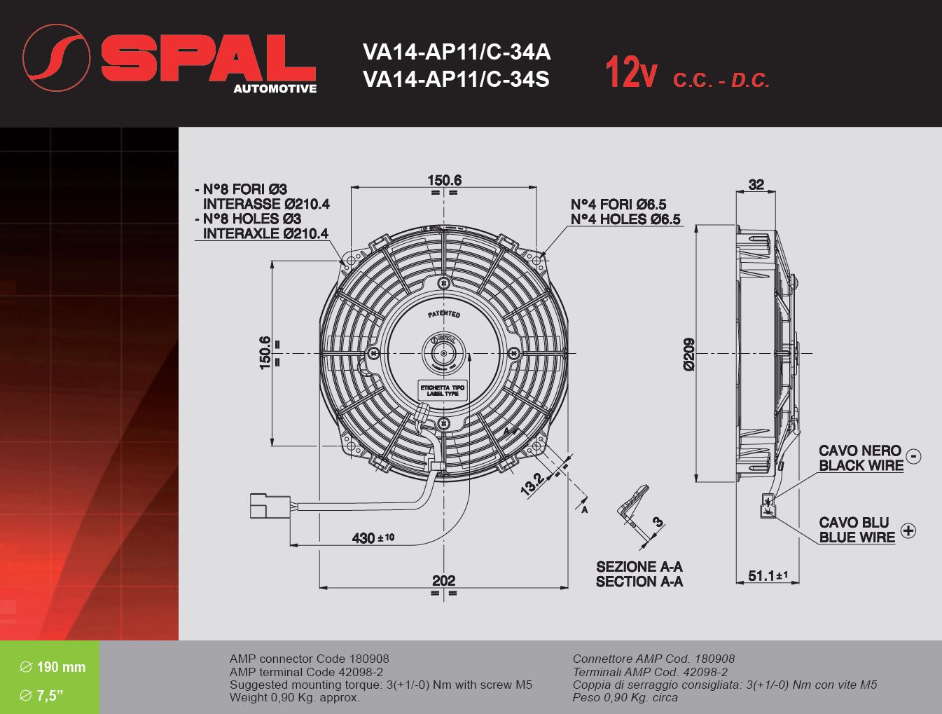 Spal Kühlerventilator VA14-AP11/C-34S 12V  D210-D190 T=52 / 690m³ blasend