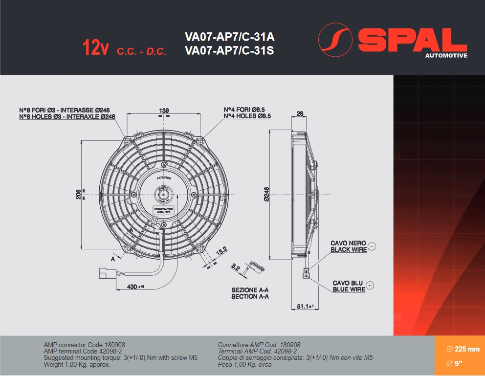 Spal Kühlerventilator VA07-AP7/C-31S 12V  D247-D225 T=52 / 1140m³ blasend
