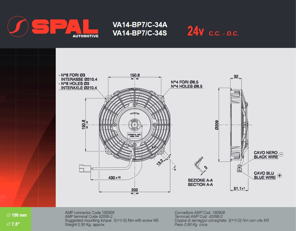 Spal Kühlerventilator VA14-BP7/C-34S 24V  D210-D190 T=52 / 640m³ blasend