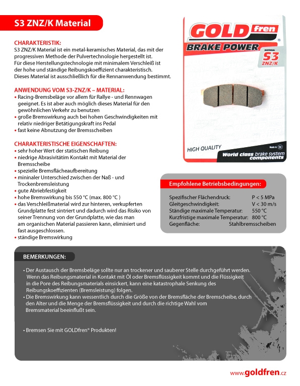 Bremsbeläge GoldFren Wilwood Dynalit) (7112)  Typ 1798 Material  S3-ZNZ/K