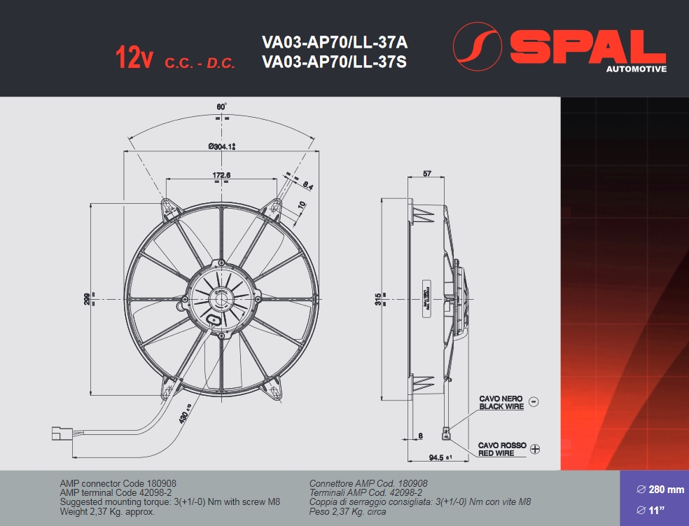 Spal Kühlerventilator VA03-AP70/LL-37A 12V  D315-D280 T=94  / 2330m³ saugend