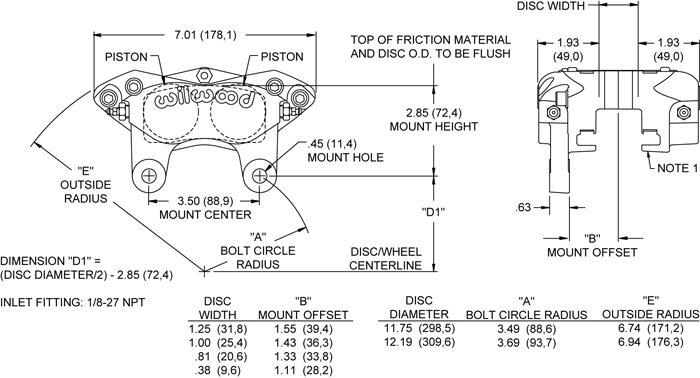 120-11572-SI Brake Caliper Dynalite 4 Piston Forged Narrow Dynalite Aluminum, Gray Anodize, 12.720 in OD x 0.810
