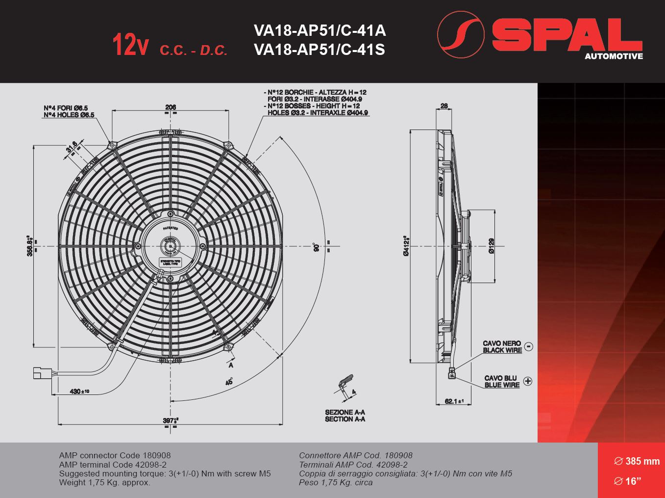Spal Kühlerventilator VA18-AP51/C-41A 12V  D414-D385 T=62 / 2490m³ saugend