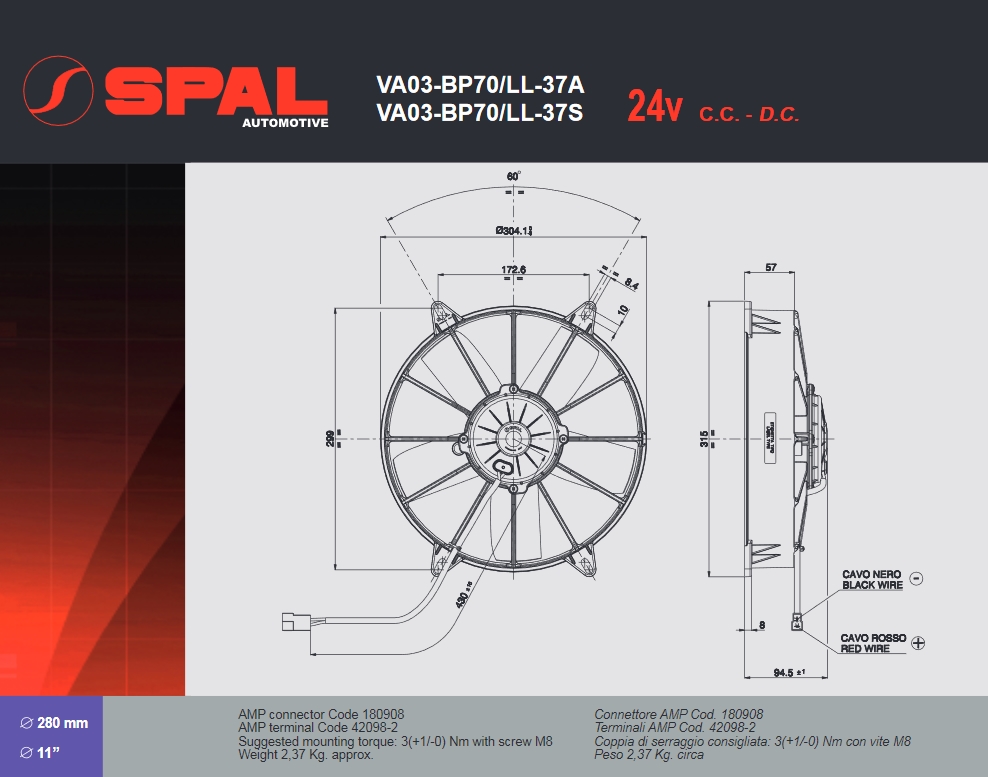 Spal Kühlerventilator VA03-BP70/LL-37S 24V  D314-D280 T=95 / 2310m³ blasend