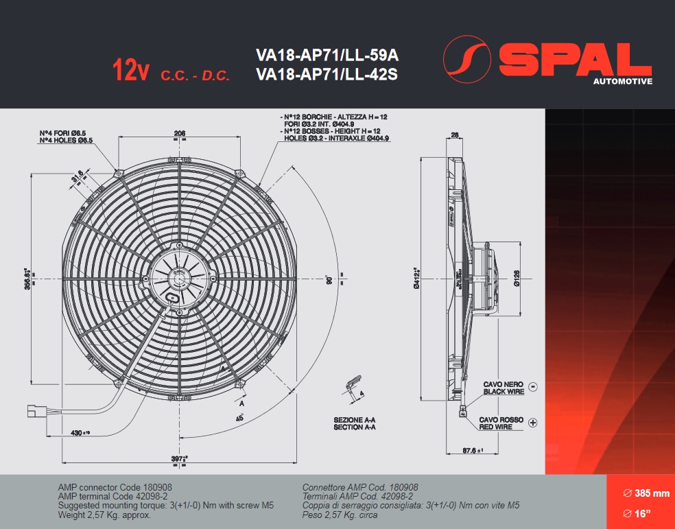 Spal Kühlerventilator VA18-AP71/LL-42S 12V  D414-D385 T=88 / 3320m³ blasend