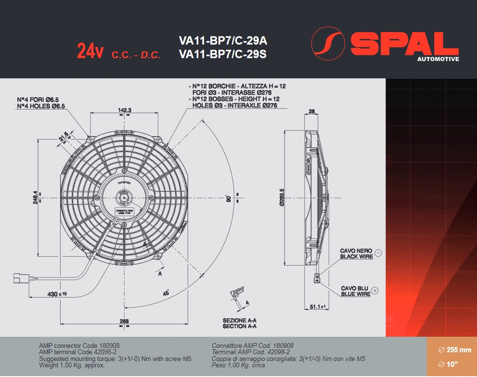 Spal Kühlerventilator VA11-BP7/C-29S 24V  D284-D268 T=52 / 1320m³ blasend