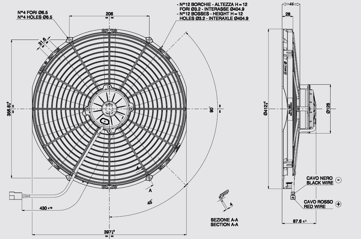 Spal Kühlerventilator VA18-AP70/LL-86S 12V  D414-D385 T=88 / 3450m³ blasend
