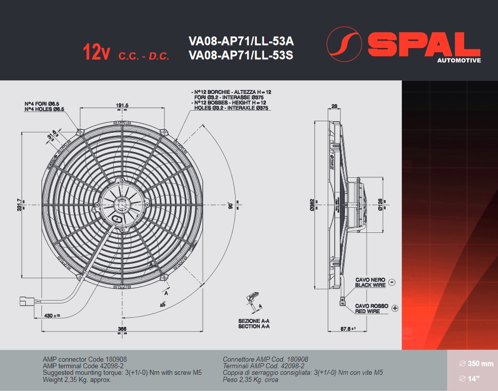 Spal Kühlerventilator VA08-AP71/LL-53S 12V  D382-D350 T=86 / 3120m³ blasend