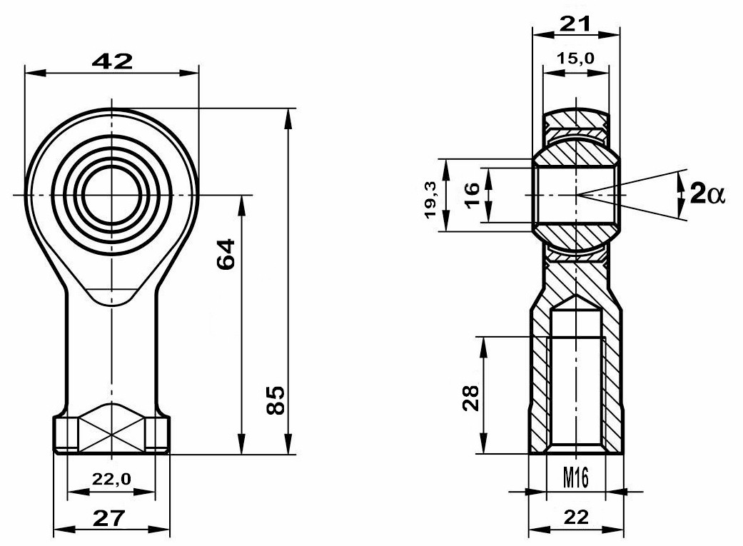 Fluro Hochleistungs Gelenkkopf GIXSW M16 MS    Lager vorgespannt
