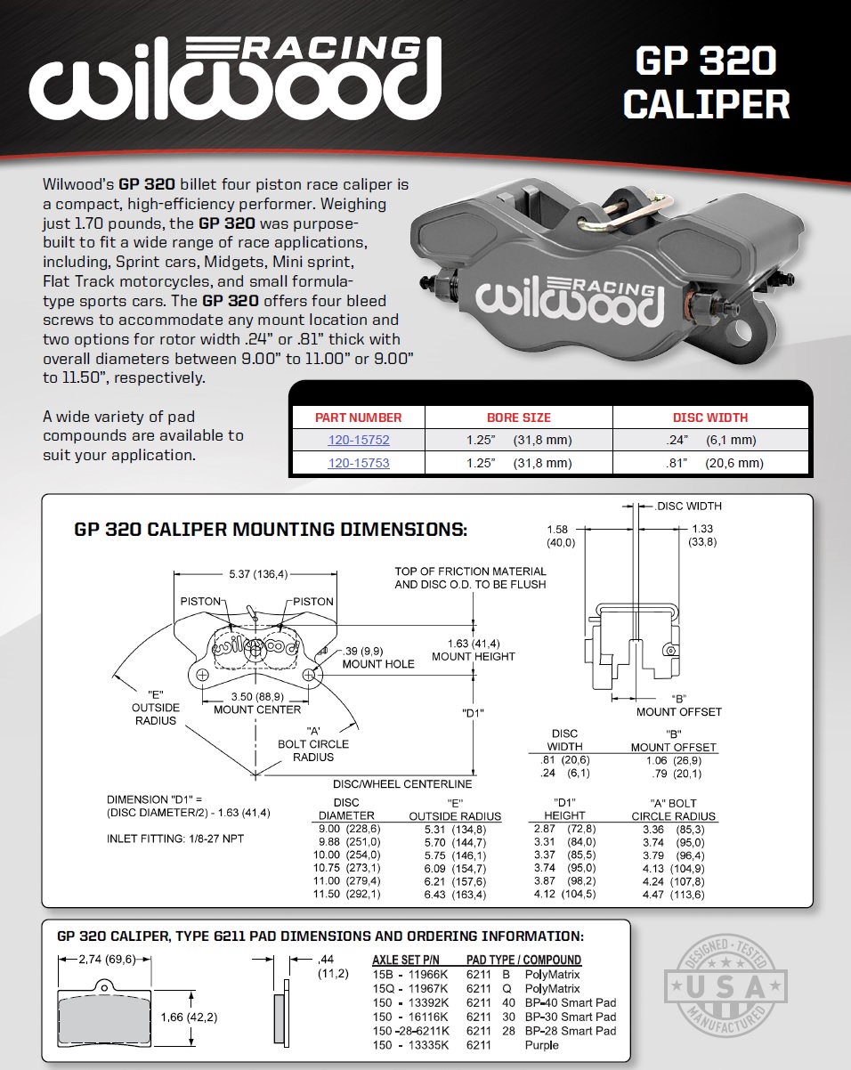 Wilwood GP320A (Four Piston) universal rechts & links  Montageabstand 88,9mm, 31,8mm Kolben
