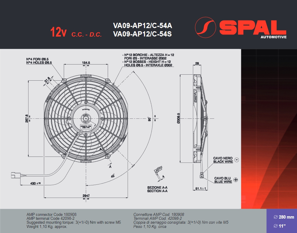 Spal Kühlerventilator VA09-AP12/C-54S 12V  D310-D280 T=52 / 1500m³ blasend