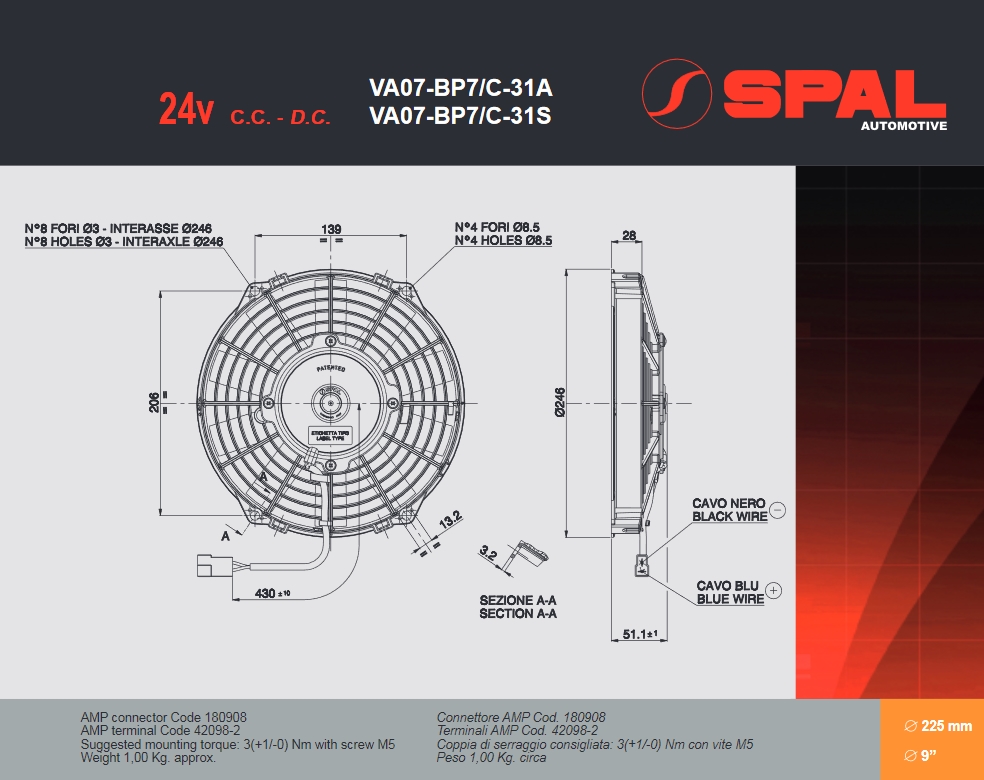 Spal Kühlerventilator VA07-BP7/C-31A 24V  D250-D225 T=52 / 1070m³ saugend