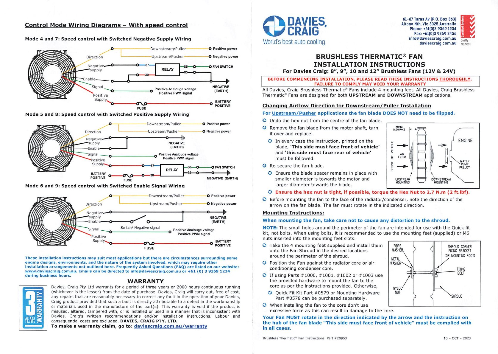 24V Kühlerventilator 276mm (10") Davies Craig Brushless  bürstenlos, 1820m³/h blasend und saugend dual
