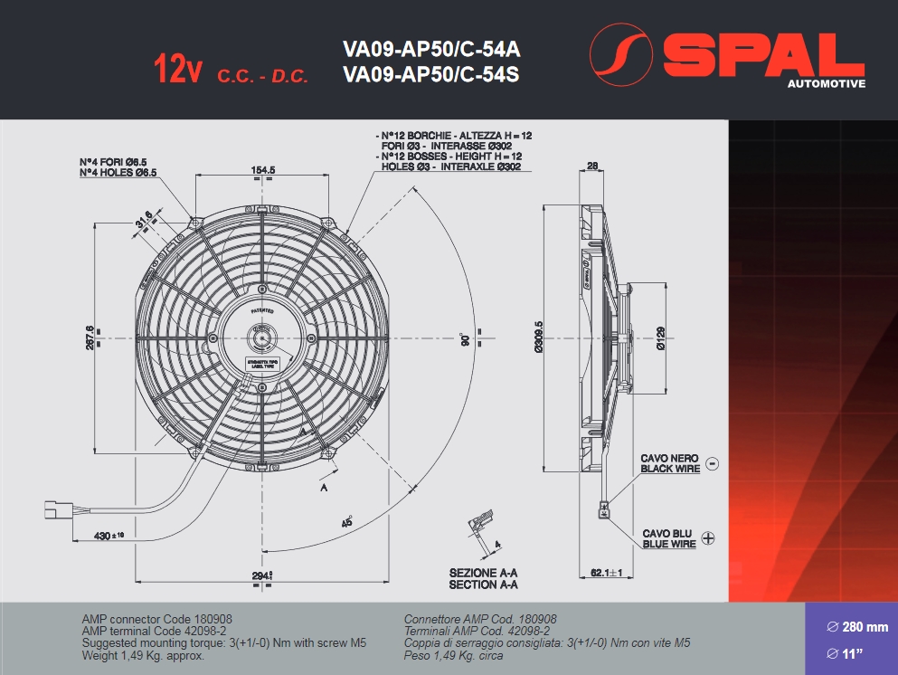 Spal Kühlerventilator VA09-AP50/C-54A 12V  D310-D280 T=63 / 1670m³ saugend