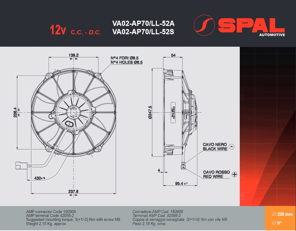 Spal Kühlerventilator VA02-AP70/LL-52S 12V  D247-D225 T=94 / 1190m³ blasend