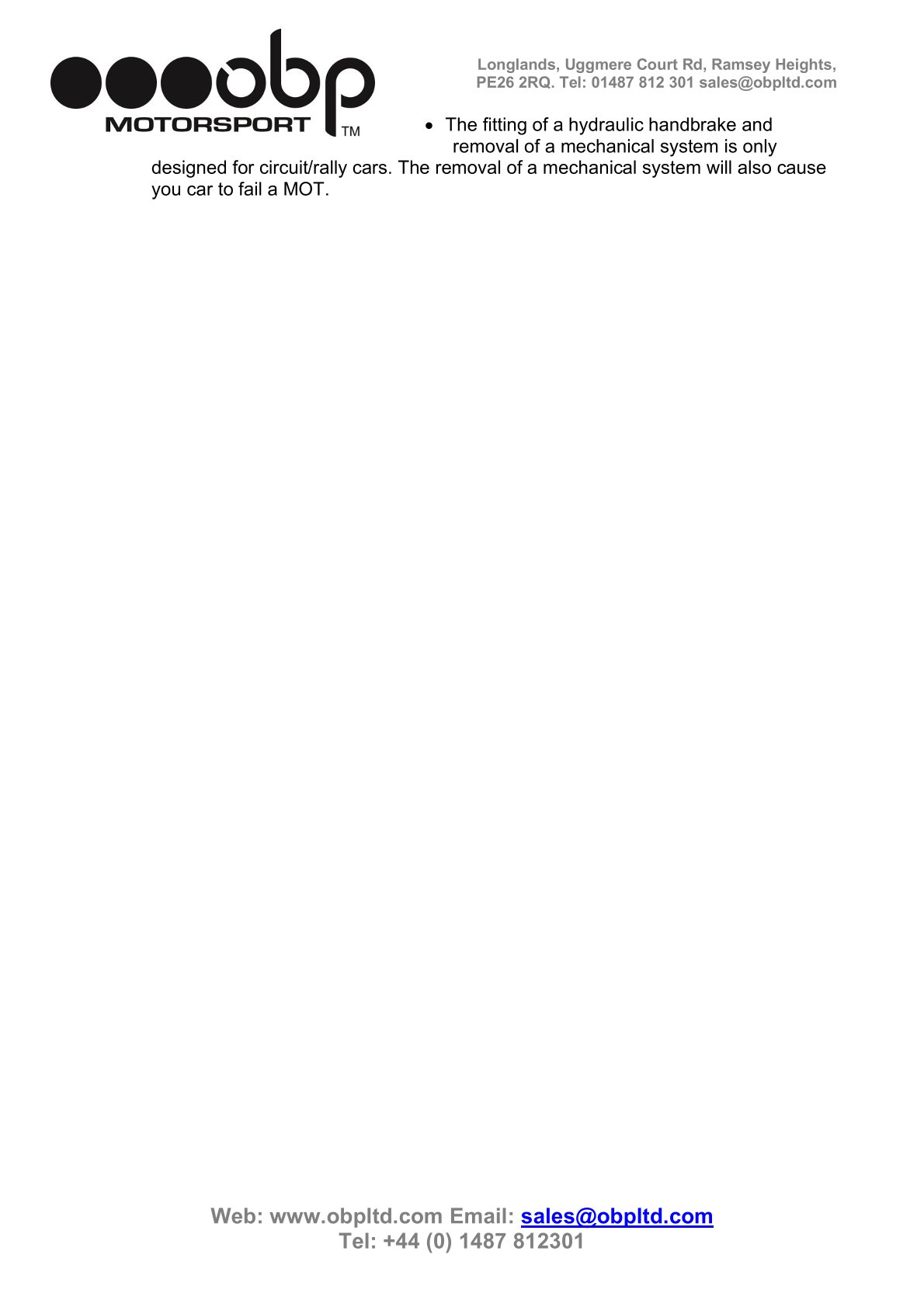 Hydr. Handbremse 45°  280mm Hebel ohne Zylinder