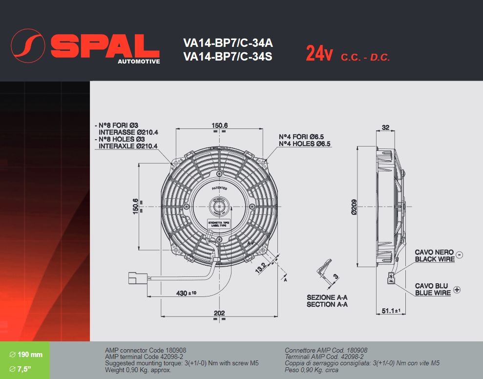 Spal Kühlerventilator VA14-BP7/C-34A 24V  D210-D190 T=52 /650m³ saugend