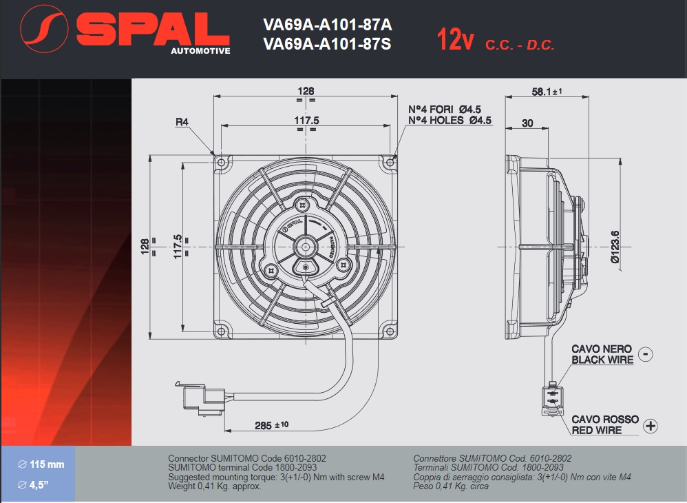 Spal Kühlerventilator VA69A-A101-87A 12V  D128-D115 T=58 / 400m³ saugend