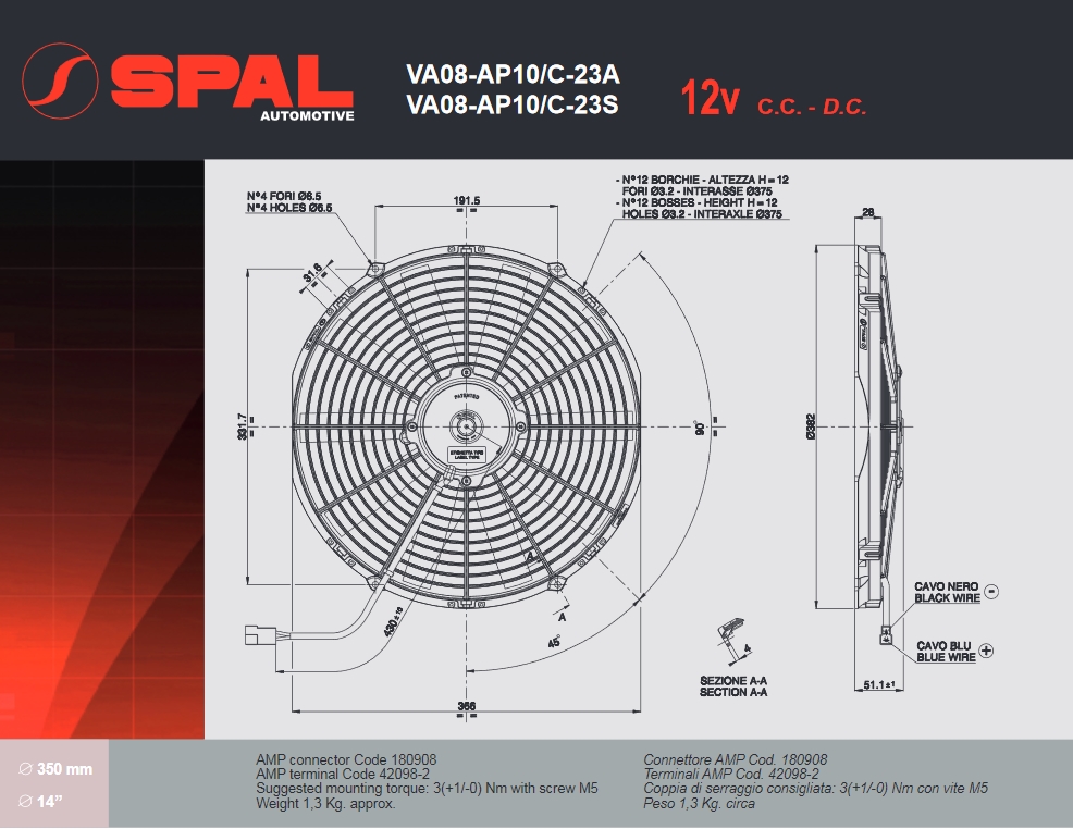 Spal Kühlerventilator VA08-AP10/C-23S 12V  D382-D350 T=52 / 1620m³ blasend