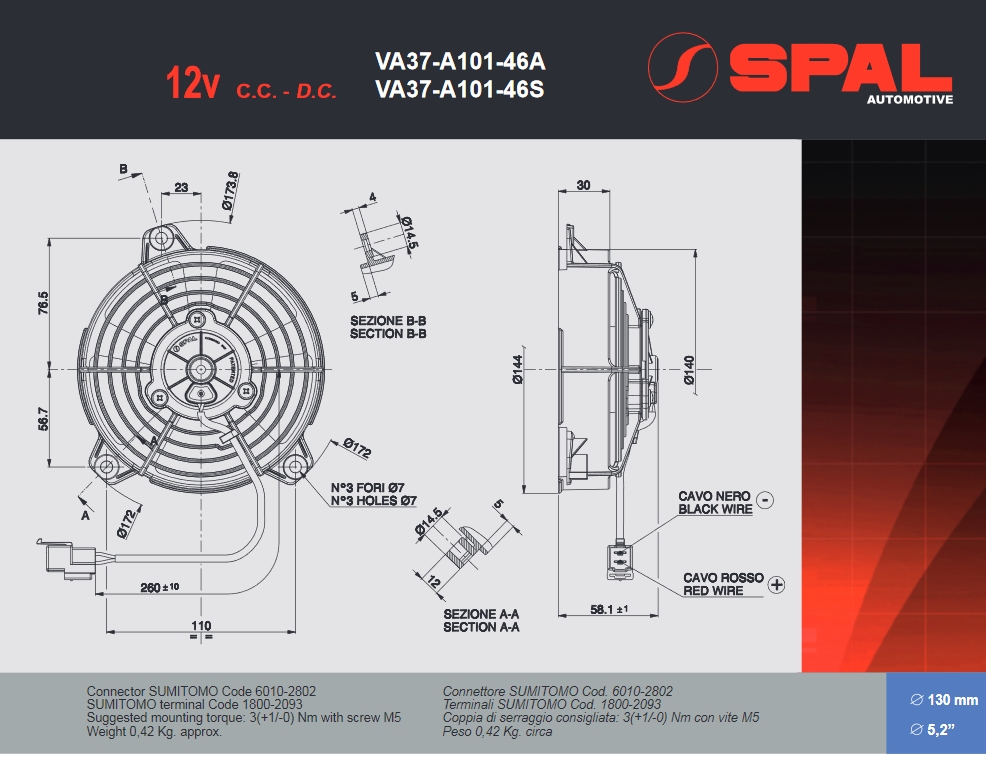 Spal Kühlerventilator VA37-A101-46S 12V  D144-D130 T=60 / 440m³ blasend