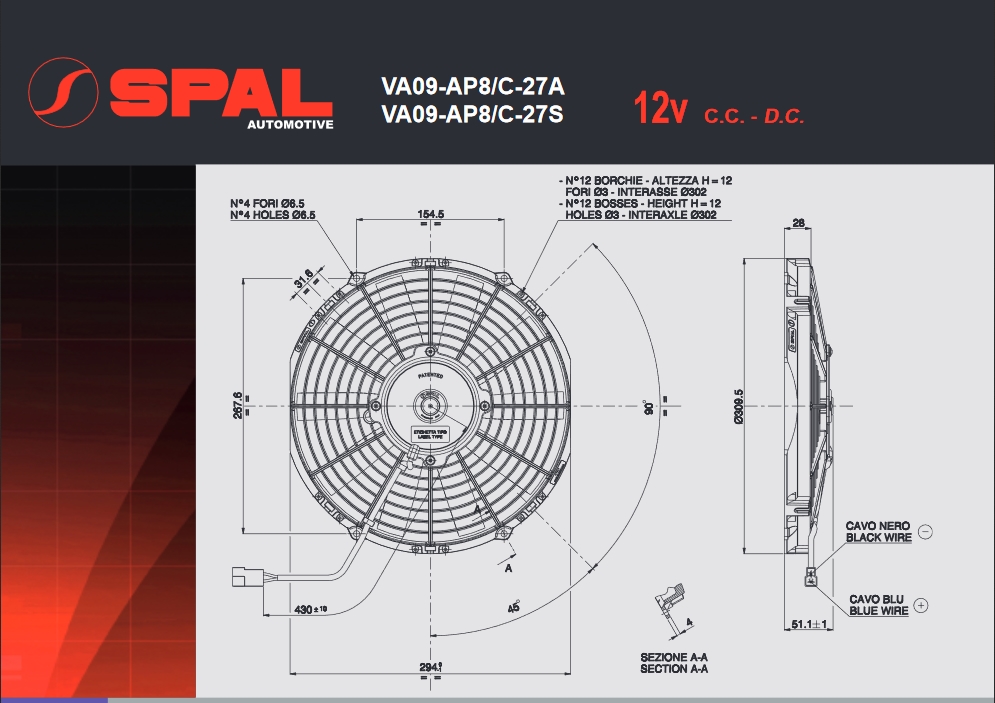 Spal Kühlerventilator VA09-AP8/C-27A 12V  D310-D280 T=52 / 1280m³ saugend