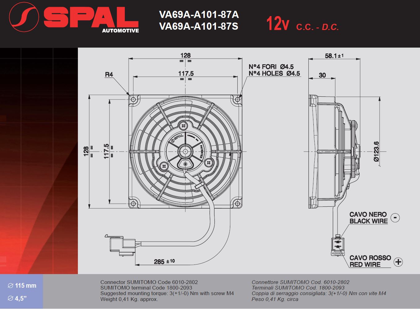 Spal Kühlerventilator  VA69A-A101-87S 12V  D128-D115 T=58 //350m³ blasend