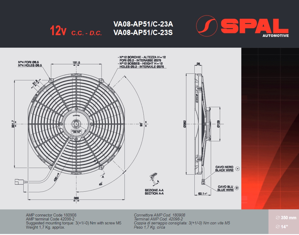 Spal Kühlerventilator VA08-AP51/C-23S 12V  D382-D350 T=63 / 2140m³ blasend