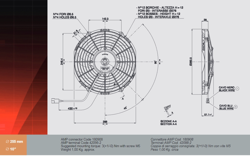 Spal Kühlerventilator VA11-AP7/C-57A 12V  D284-D255 T=52 / 1360m³ saugend