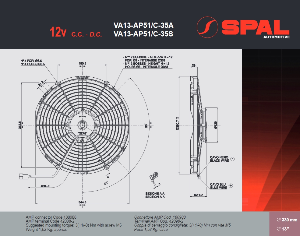Spal Kühlerventilator VA13-AP51/C-35S 12V  D360-D330 T=63 / 2020m³ blasend
