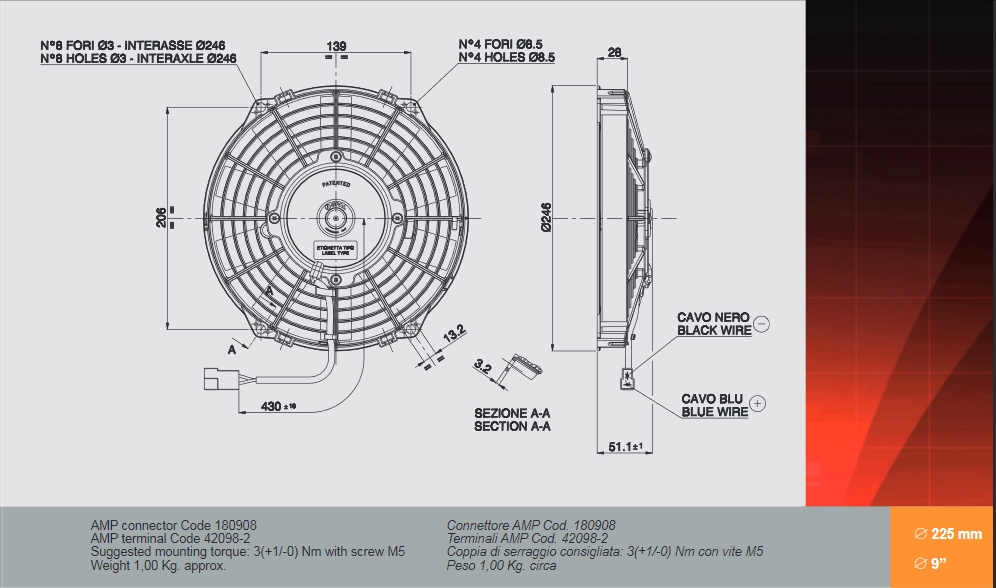 Spal Kühlerventilator VA07-AP7/C-31A 12V  D247-D225 T=52 / 1010m³ saugend