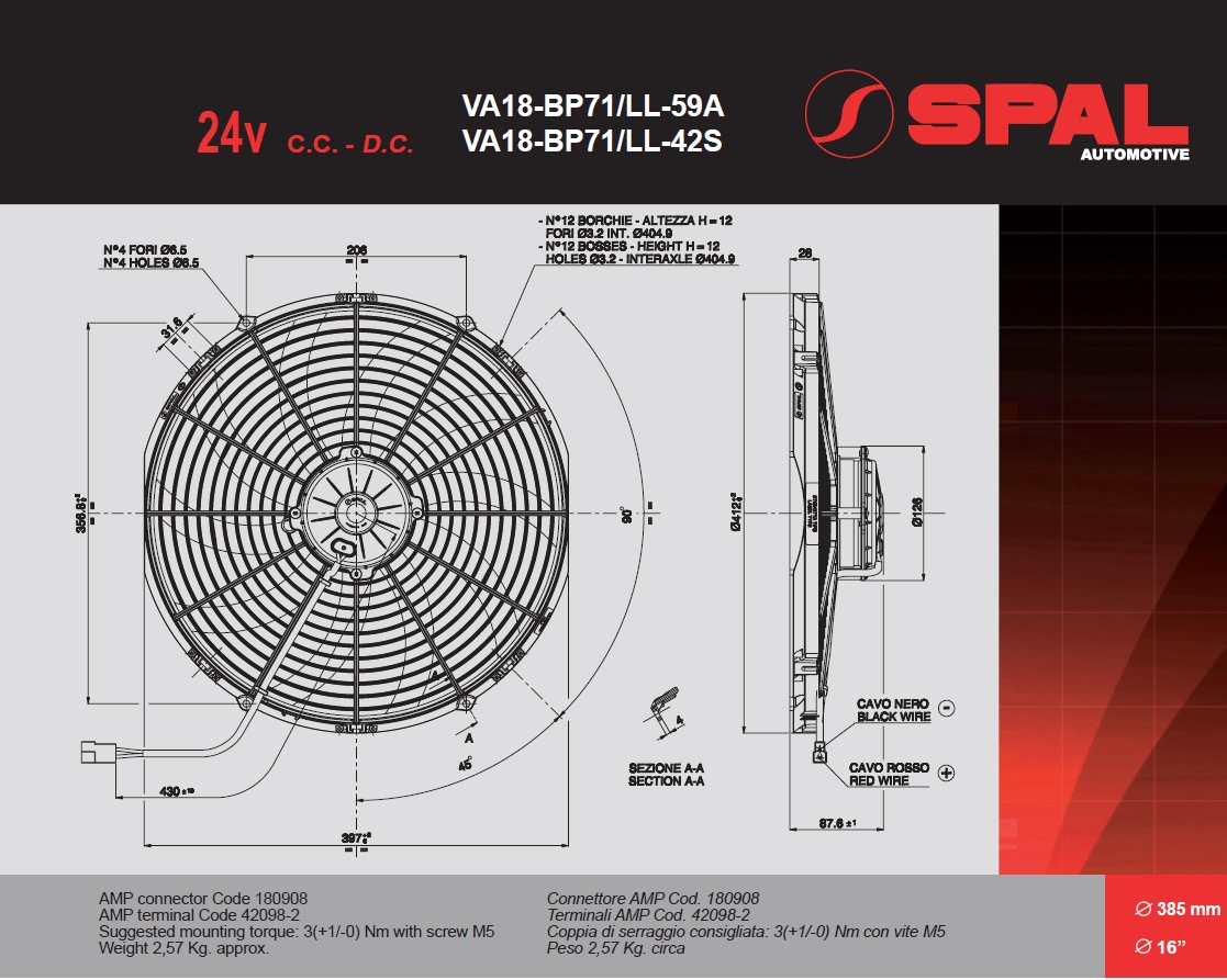 Spal Kühlerventilator VA18-BP71/LL-42S 24V  D414-D385 T=86 / 3390m³ blasend