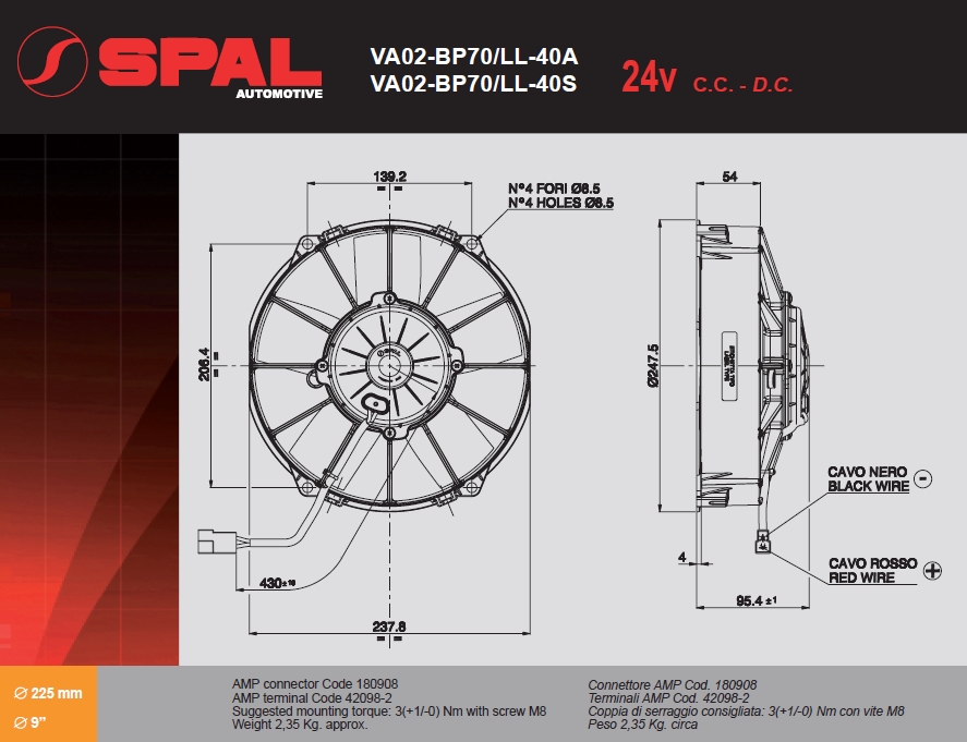 Spal Kühlerventilator VA02-BP70/LL-40S  D247,5-D225 T=95 / 1390m³ blasend