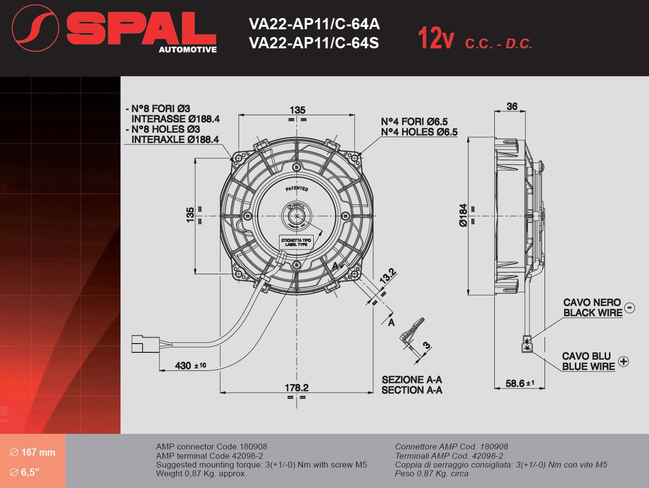 Spal Kühlerventilator VA22-AP11/C-64S 12V  D184-D167 T=59 / 510m³ blasend