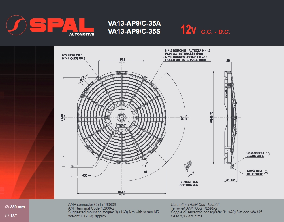Spal Kühlerventilator VA13-AP9/C-35S 12V  D360-D330 T=52 / 1680m³ blasend