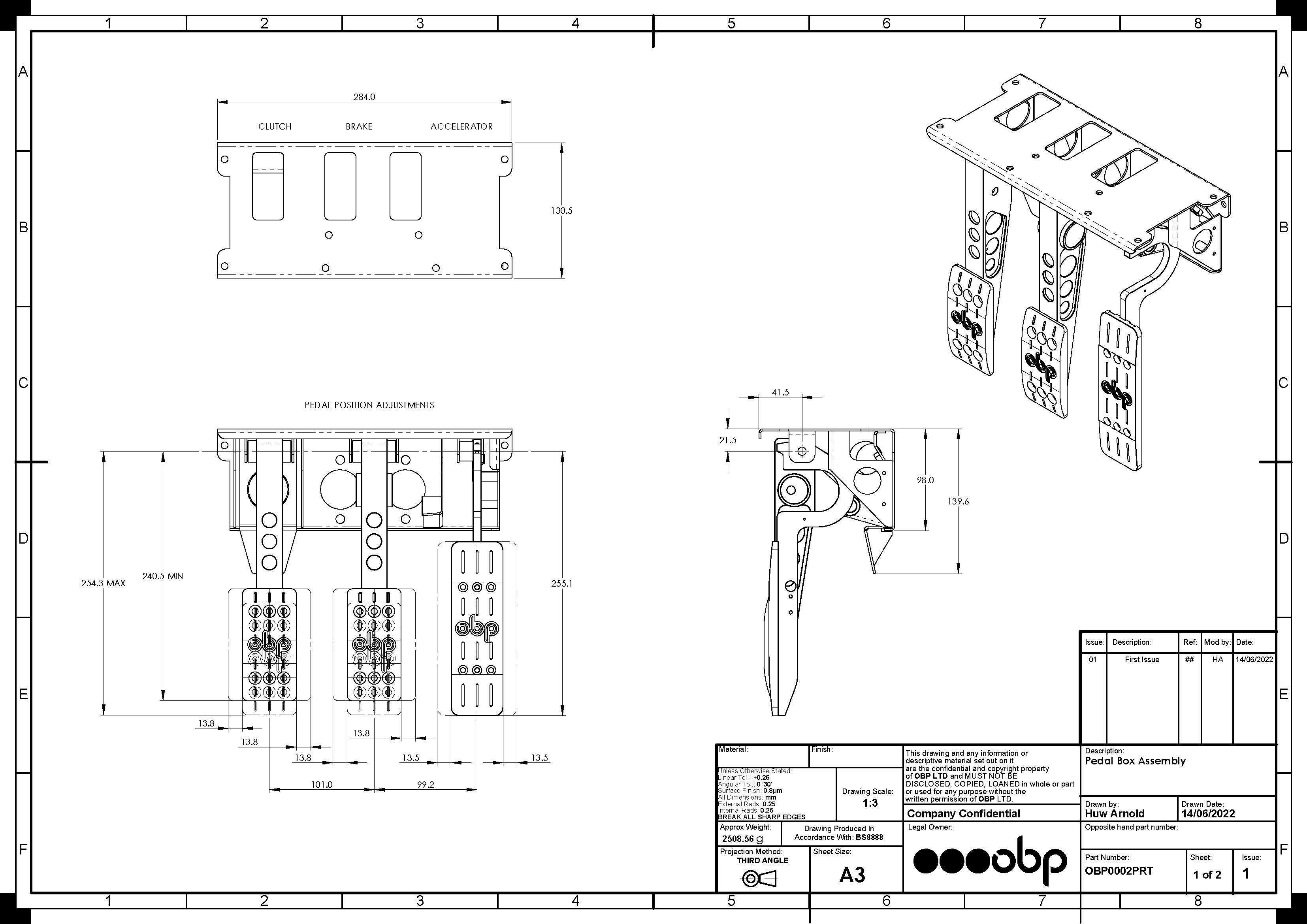 OBP Pedal Box Pro Race hängend Bulkhead Fit  mit Wagebalken & Zylindern