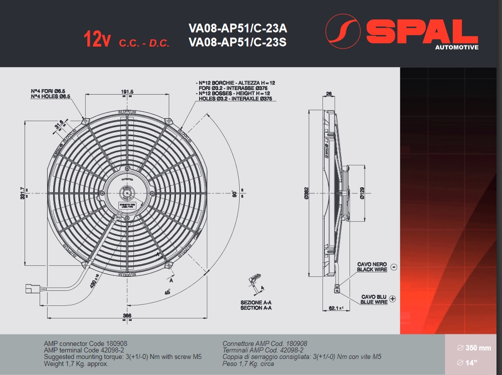 Spal Kühlerventilator VA08-AP51/C-23A 12V   D382-D350 T=63 / 2220m³ saugend