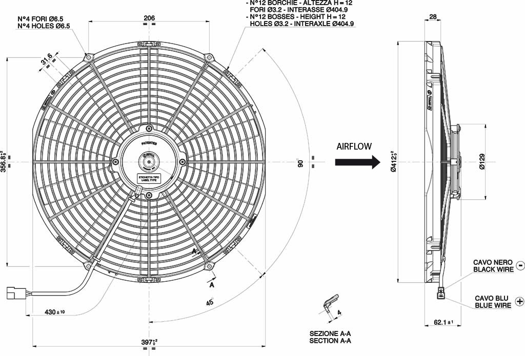 Spal Kühlerventilator VA18-AP51/C-41A 12V  D414-D385 T=62 / 2490m³ saugend