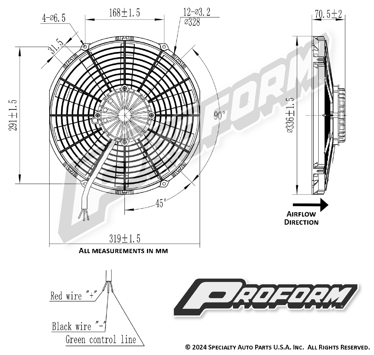 12V Elektrischer Lüfter 318mm (12") Proform Brushless  bürstenlos 3280m³/h saugend D343-D318 T=76