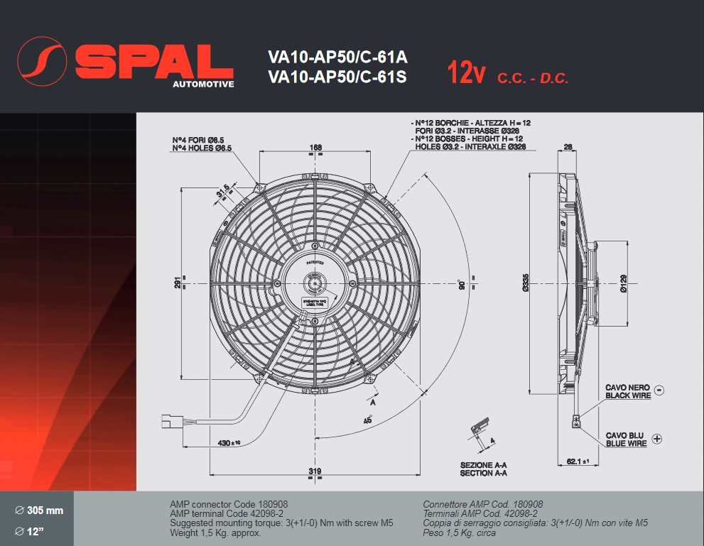 Spal Kühlerventilator VA10-AP50/C-61S 12V  D336- D305 T=63 / 2190m³ blasend