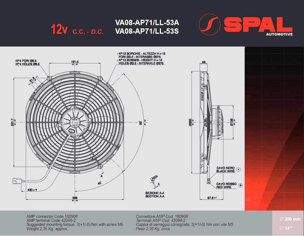 Spal Kühlerventilator VA08-AP71/LL-53A 12V  D382-D350 T=86 / 3160m³ saugend