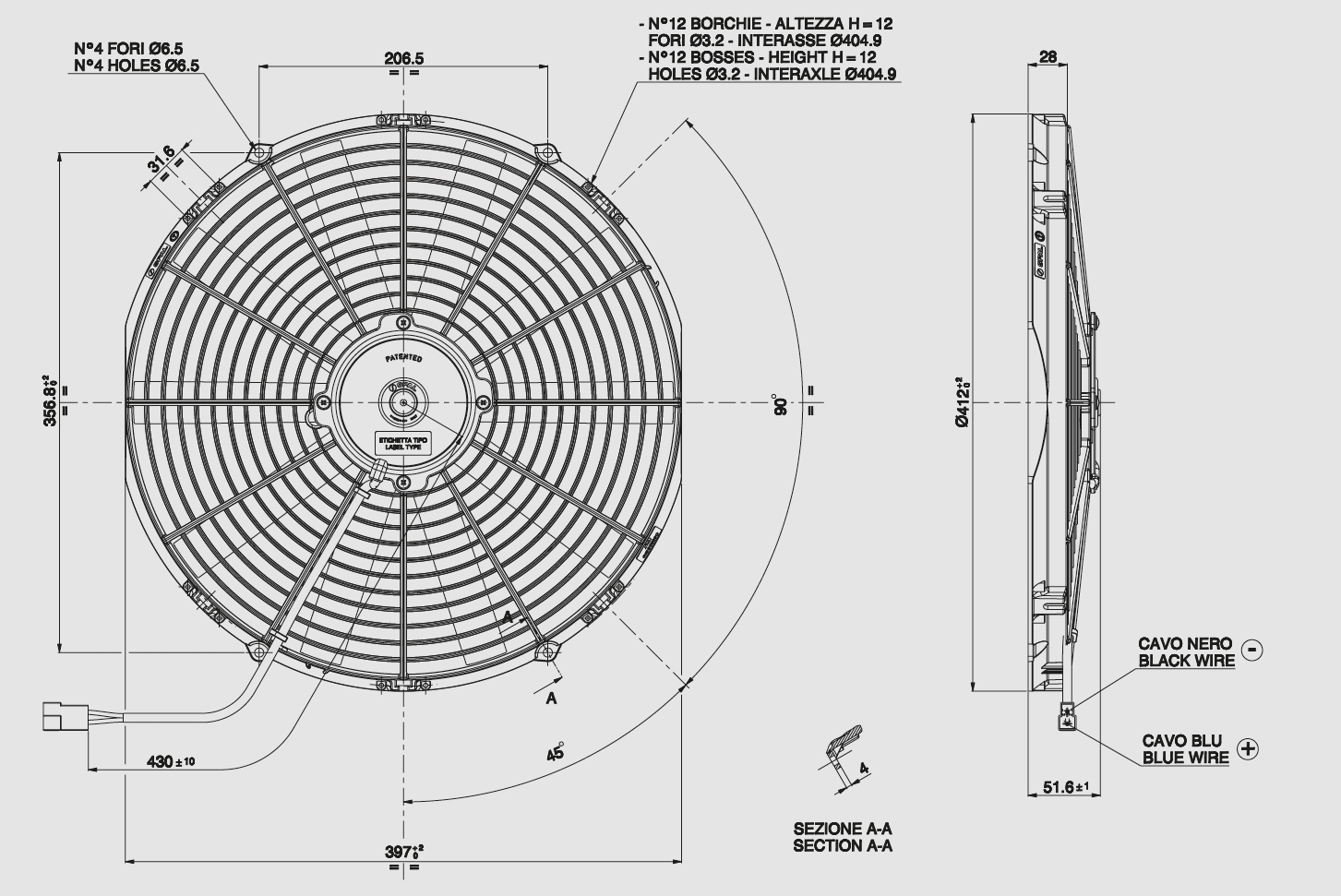 Spal Kühlerventilator VA18-AP10/C-41S 12V  D414-D385 T=52 / 1870m³ blasend