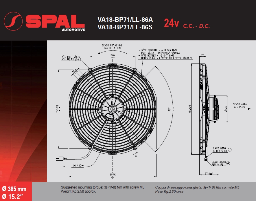 Spal Kühlerventilator VA18-BP71/LL-86S 24V  D414-D385 T=86 / 3490m³ blasend