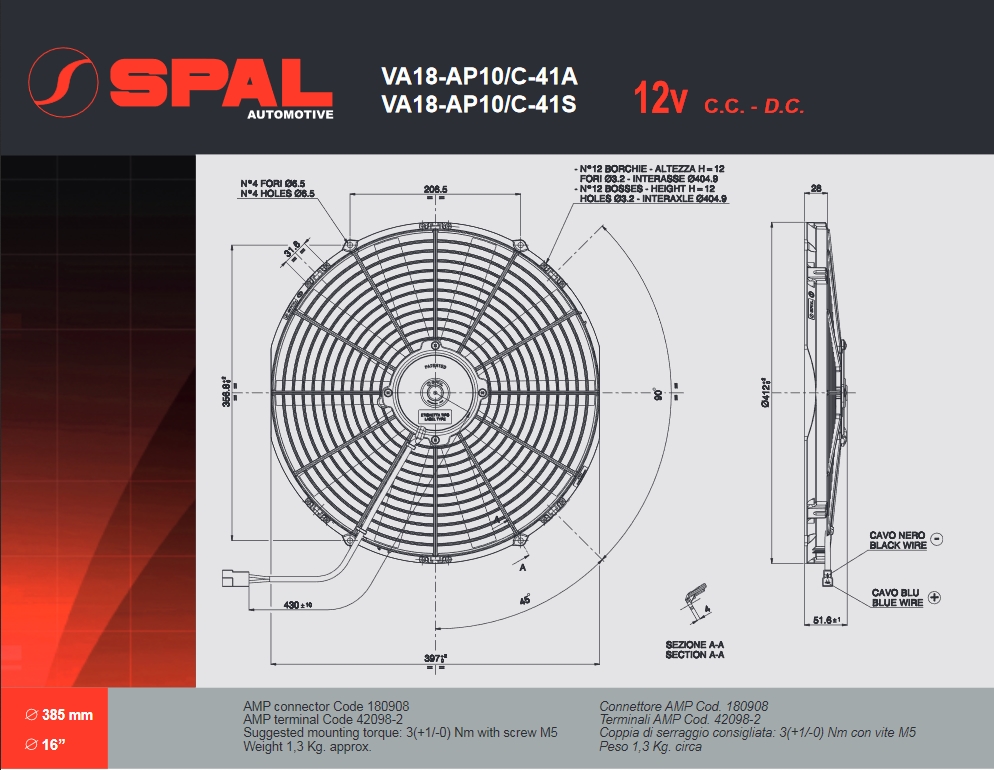 Spal Kühlerventilator VA18-AP10/C-41A 12V  D414-D385 T=52 / 1820m³ saugend