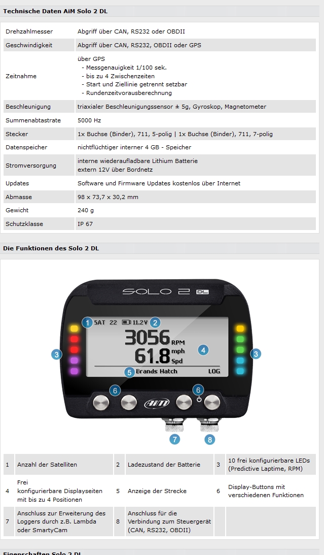 AIM Solo 2 DL Laptimer GPS Laptimer Datalogger  mit integriertem Beschleunigungssensor