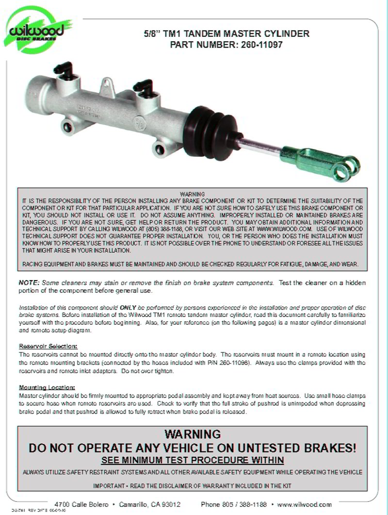 Hauptbremszylinder Wilwood 15,8mm  Tandemzylinder