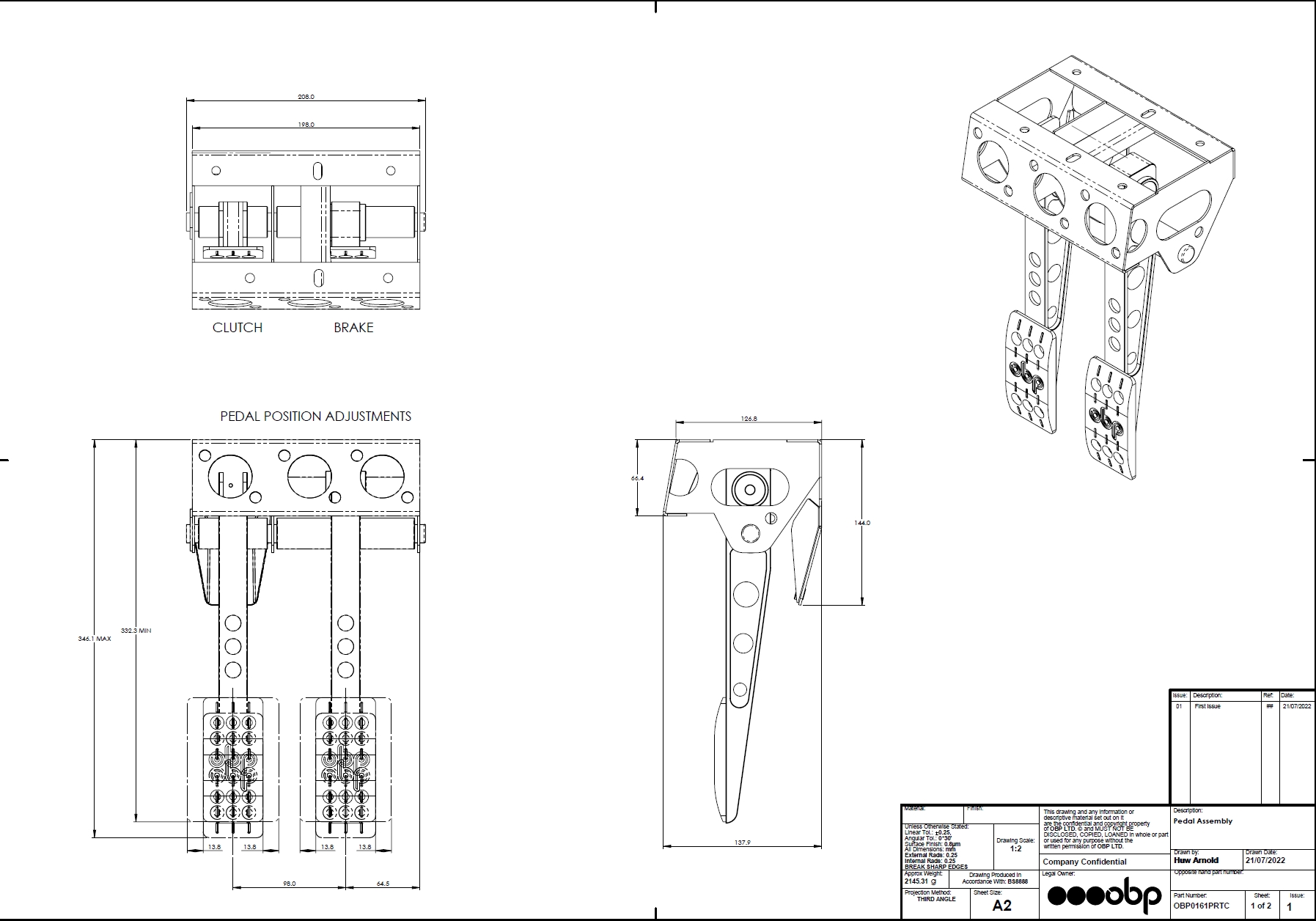 OBP Pedal Box Pro Race hängend Cockpit Fit  Hydraulische Kupplung mit Wagebalken
