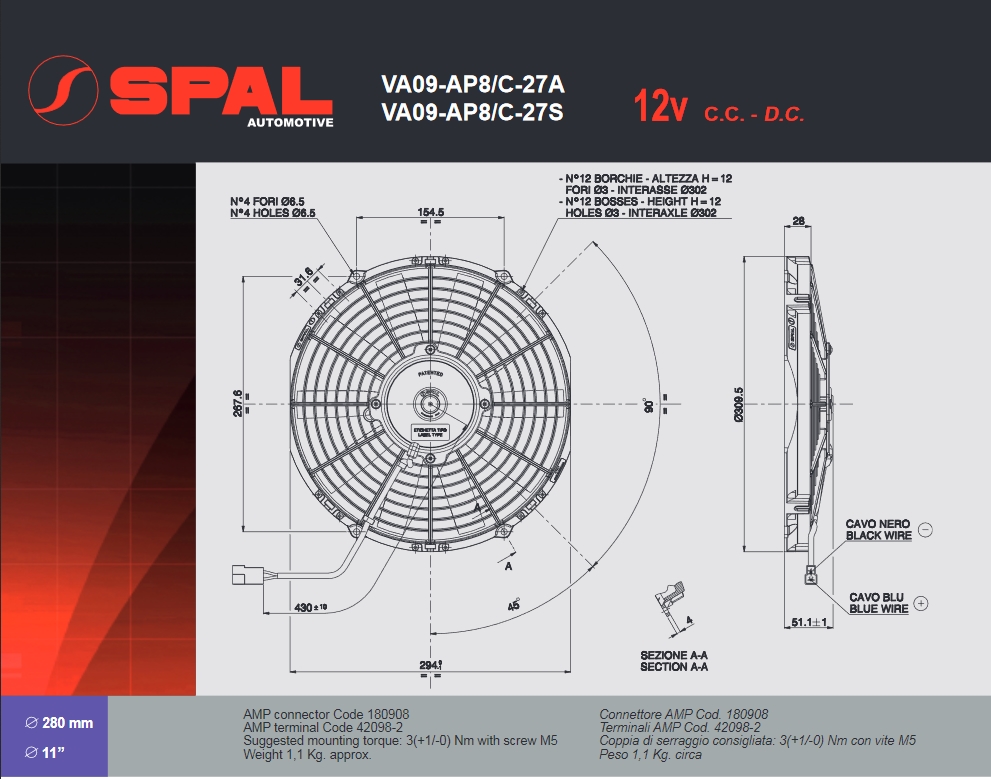Spal Kühlerventilator VA09-AP8/C-27S 12V  D310-D280 T=52 / 1290m³ blasend